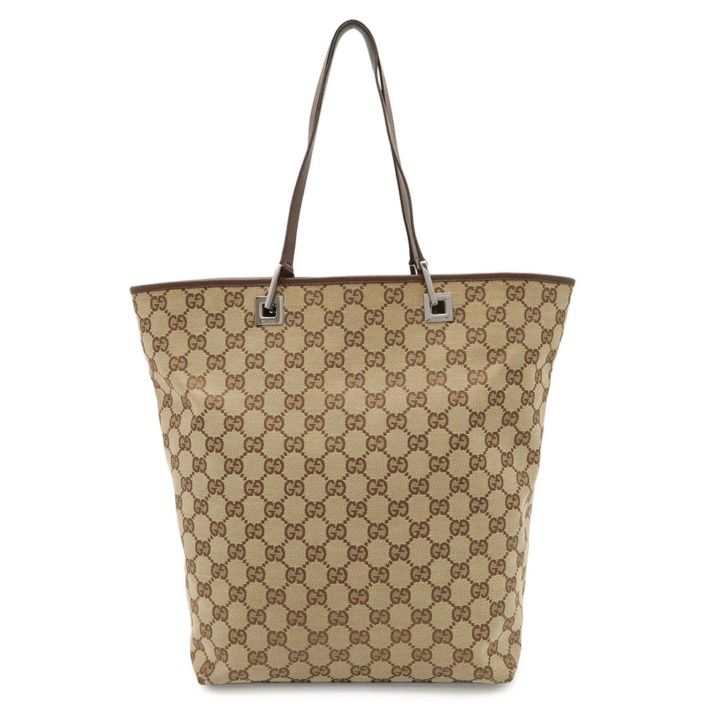 Gucci GG Canvas Tote Bag Shoulder Bucket Leather Beige Brown Cream
